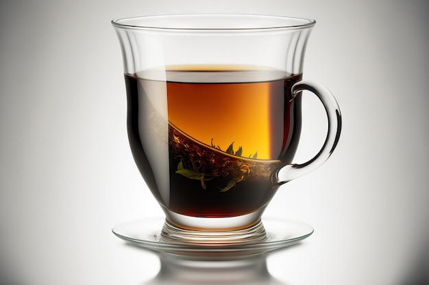 Black tea in a glass cup isolated against a white backdrop