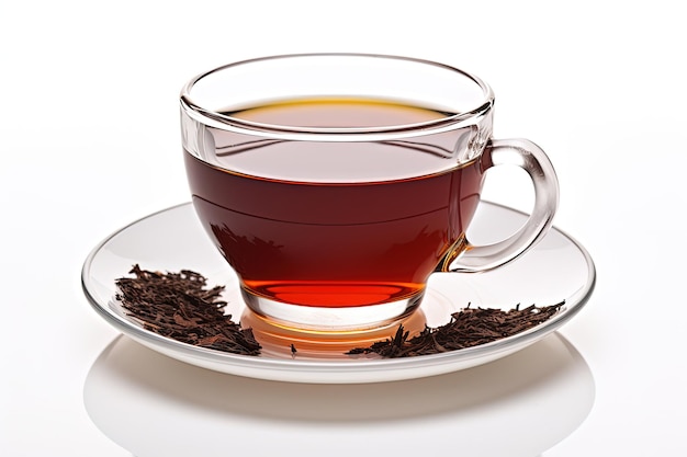 Black tea in a glass cup isolated on white