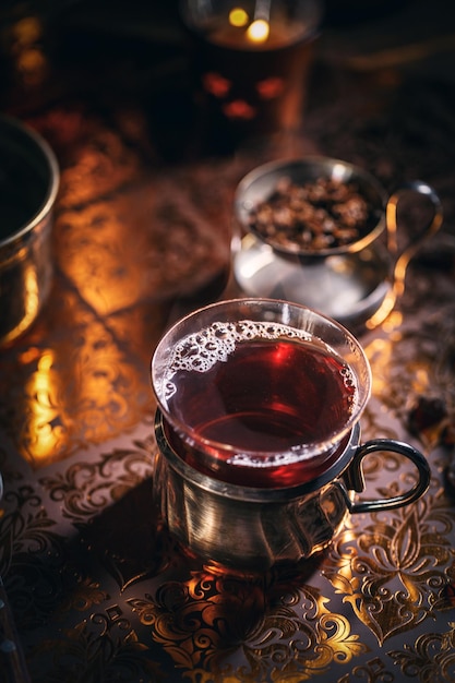 Black tea in a glass cup