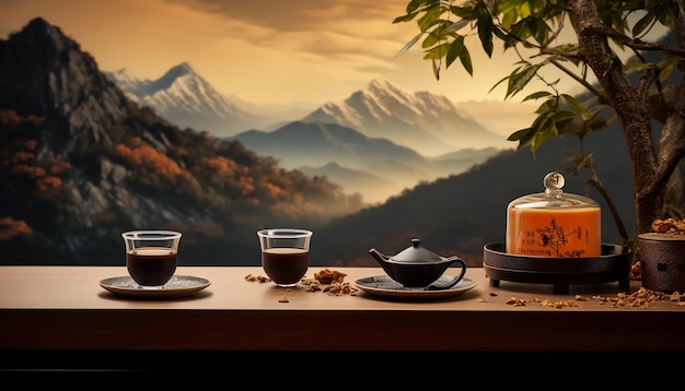 Black tea product display with Chinese landscape