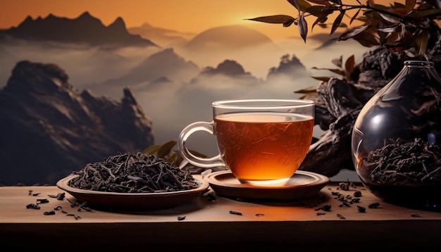 Black tea product display with Chinese landscape