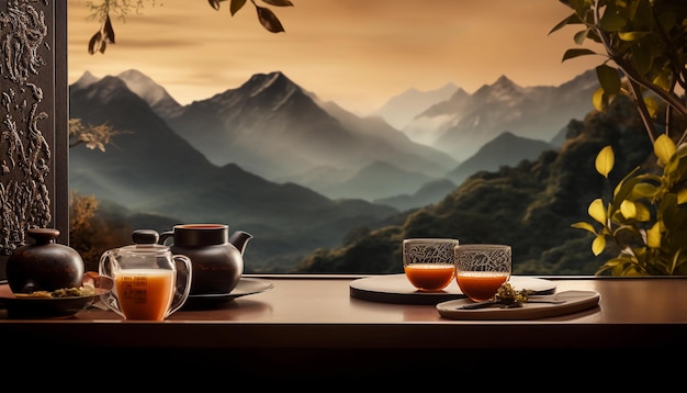 Black tea product display with Chinese landscape