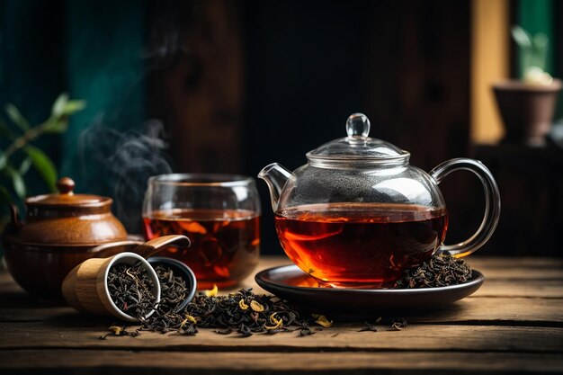 Black tea in teapot and cup with dry tea brick side view on a wooden surface