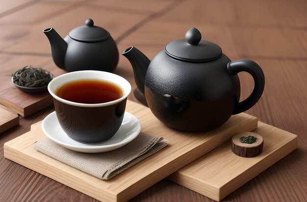 black tea in teapot and cup with dry tea