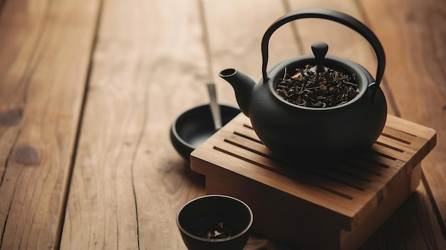 Black tea with dry tea in a teapot on wooden surface side view