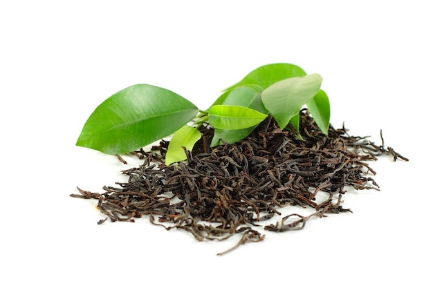 Black tea with green leaf isolated on white