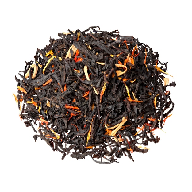 Black tea with orange peel, pieces of papaya and marigold petals.