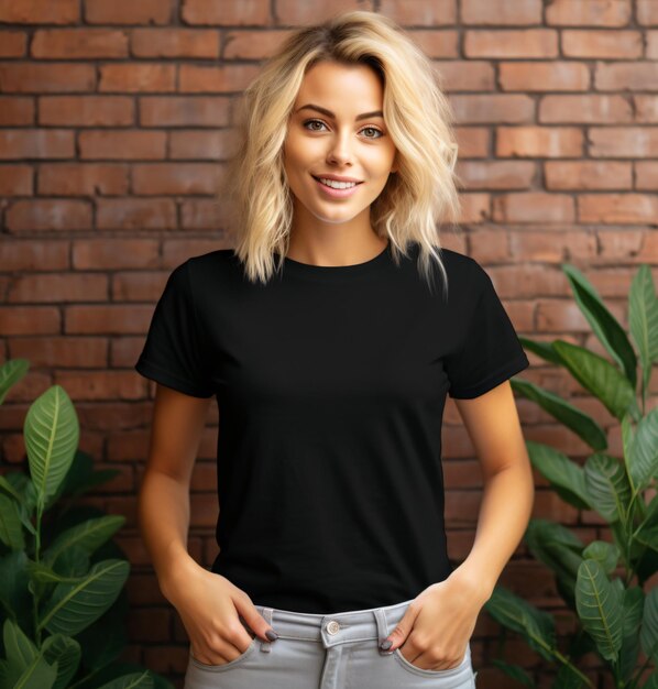 Black Tee shirt mockup a blond woman in a boho stylish black tshirt and jeans hippie chic