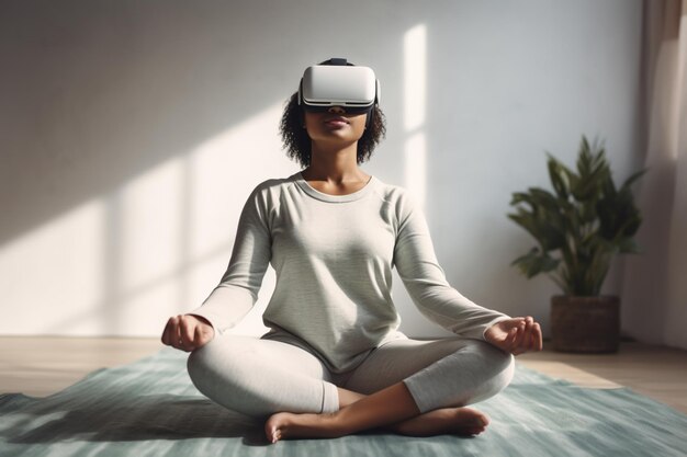 Photo black teen woman practicing yoga with vr