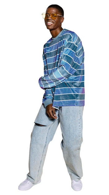 black teenage png man sticker blue striped tshirt image on transparent background