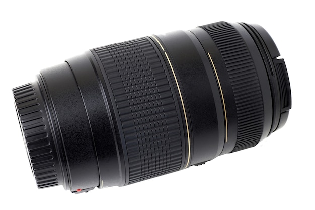 Black telephoto zoom lens isolated.