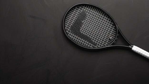 Photo a black tennis racket with a white grip lies on a black chalkboard background the racket is in the center of the frame