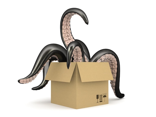 Black tentacles in a cardboard box isolated on white background