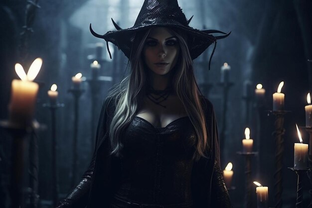 black terrible witch holds candles in her hands