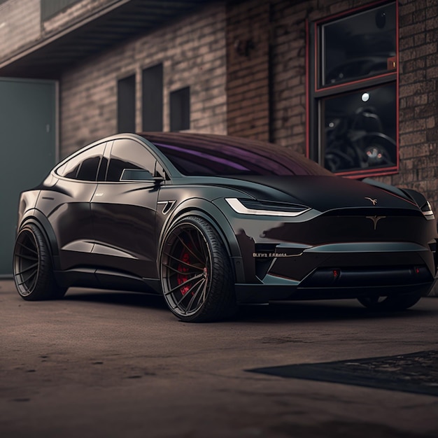 A black tesla model x is parked in front of a brick building.