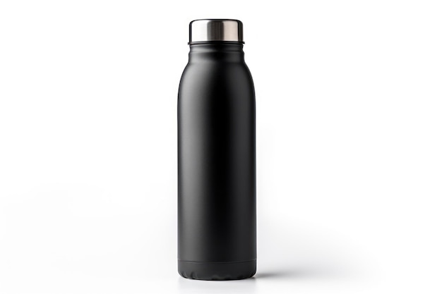 Foto bottiglia thermos nera isolata su sfondo bianco