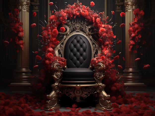 Black throne decorated with red flowers