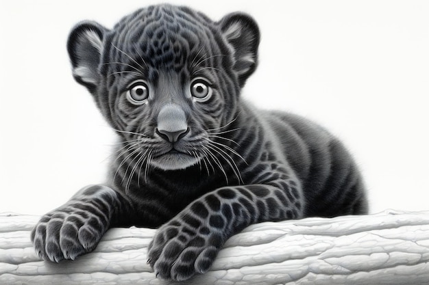 A black tiger cub sitting on a white background