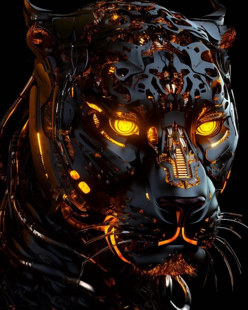 A black tiger face with yellow glowing eyes