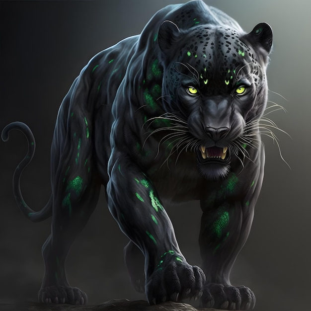 A black tiger with green eyes is on a dark background.