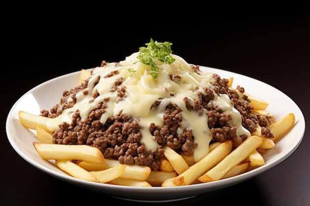 On a black tiled counter portions of potato fries with cheese and minced beef on top are offered t