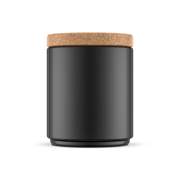 Black Tin Can Mockup met kurk boom dop geïsoleerd op wit, 3D-rendering