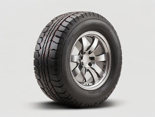 A black tire with a silver rim is on a white background