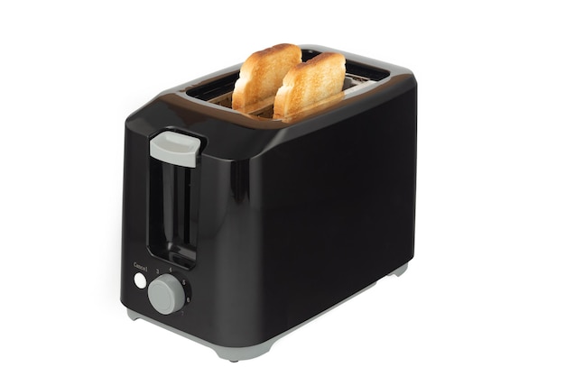 Black toaster with toasts isolated on white background