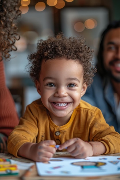 Черный ребенок с очаровательными кудрявыми волосами улыбается и смотрит в камеру, окруженный родителями с рисунками на столе в уютной домашней обстановке