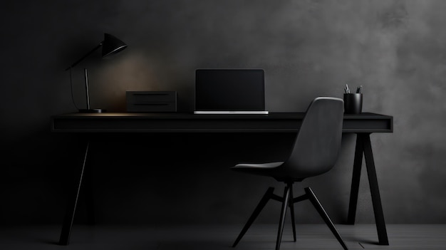 Black tone office desk with computer Black minimalist working station