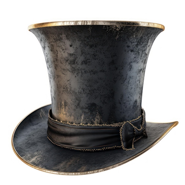 A black top hat with gold trim