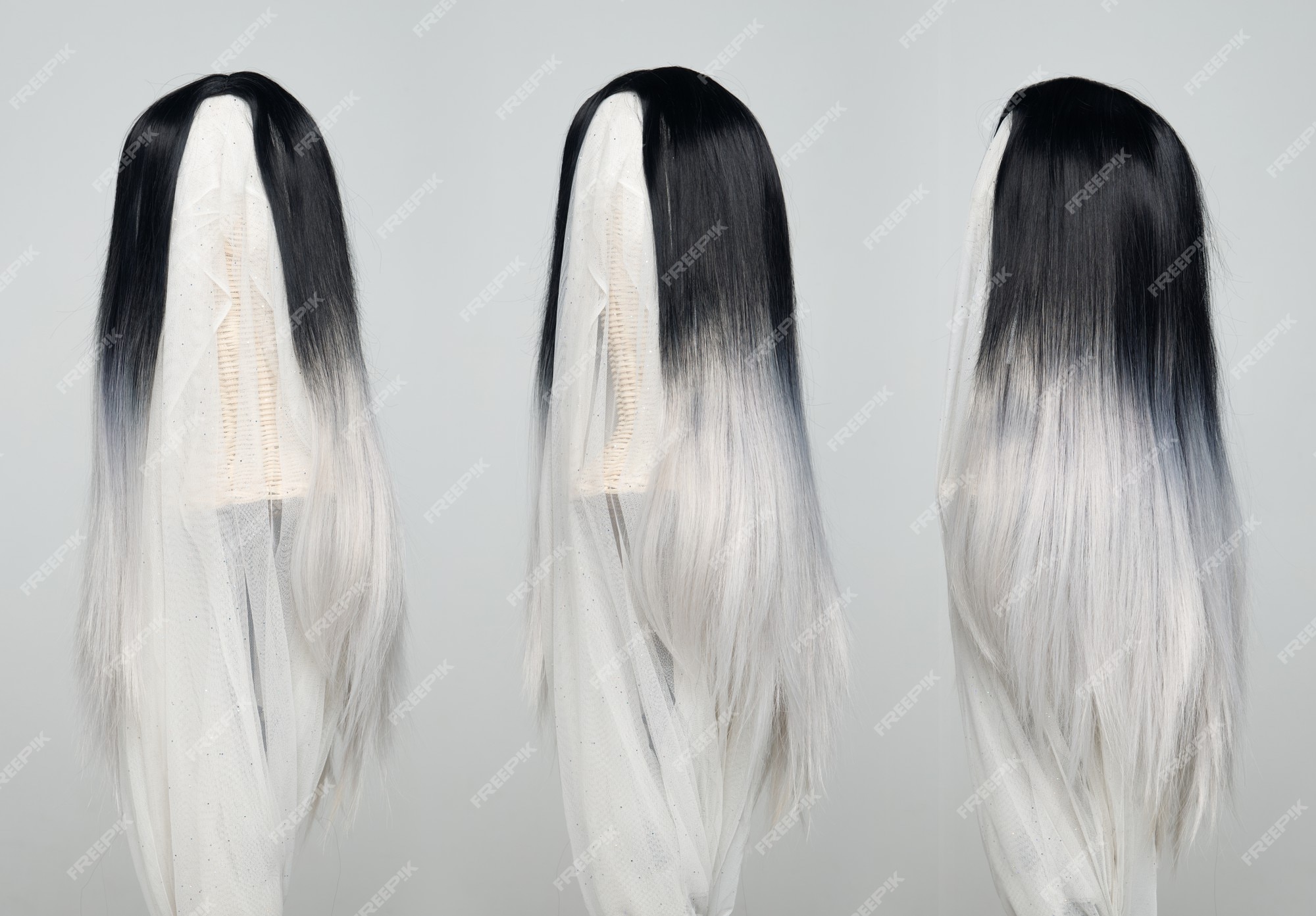 Premium Photo | Black top straight long hair white bottom part wig on  mannequin head over gray background isolated, set of three to show many  angle of hair style wave and light point of view