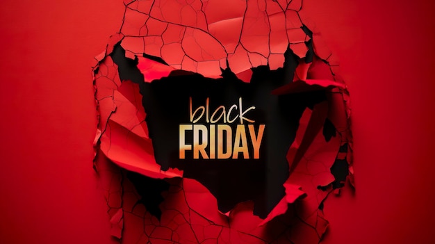 Foto carta nera strappata e il testo venerdì nero su un rosso