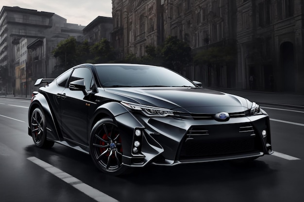 A black toyota corolla is on the road in front of a cityscape.