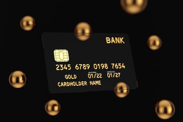 사진 칩 및 추상적인 황금 분야 3d 렌더링 검은 투명 플라스틱 황금 신용 카드