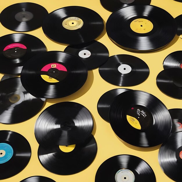 Black and transparent vinyl records on yellow background 3d render