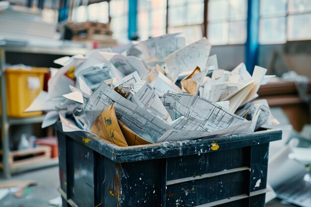 Foto un bidone della spazzatura nero pieno di rifiuti di carta