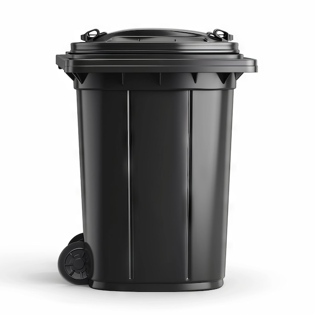 A black trash can with wheels on a white background