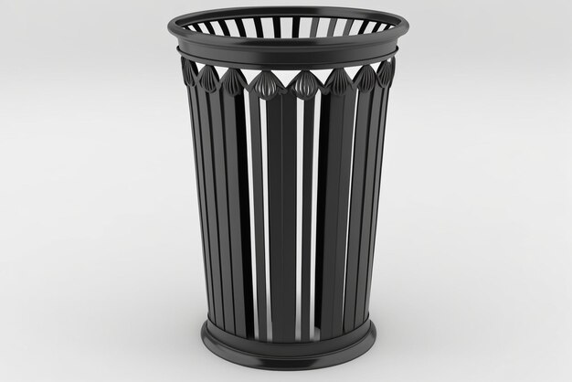 A black trash can with a white background.