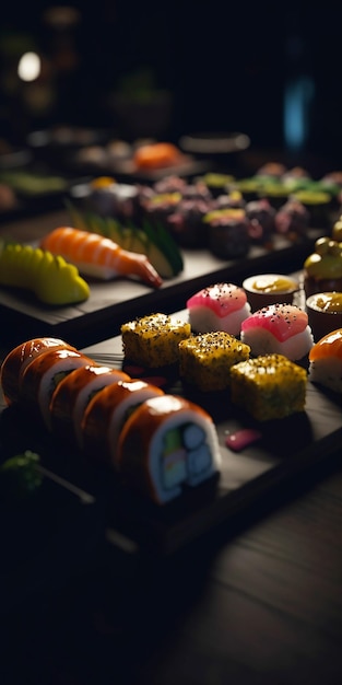 A black tray of sushi and sushi