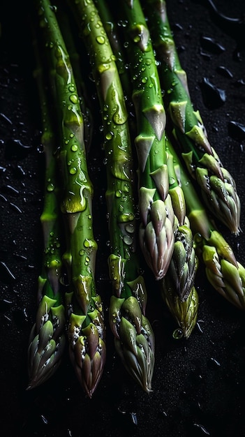 A black tray with asparagus on it with water droplets on it.