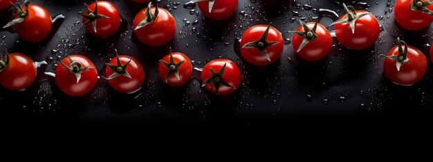 A black tray with tomatoes on it