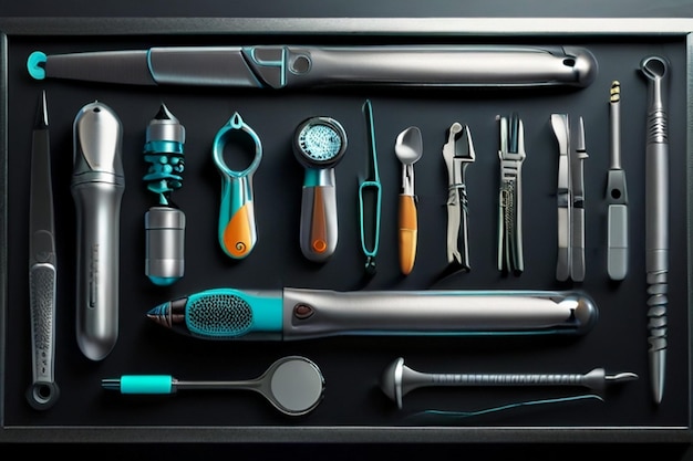 Photo a black tray with a variety of kitchen utensils and utensils