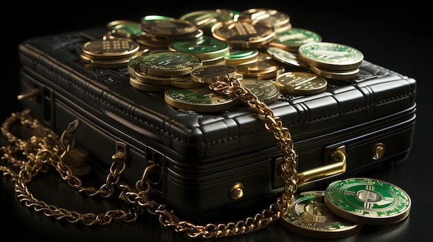 A black treasure chest full of gold and jewels in dark room