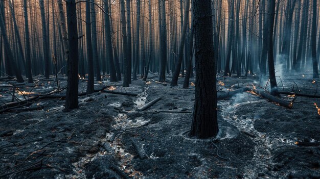 Black trees after a fire scorched earth in the forest Nature protection concept