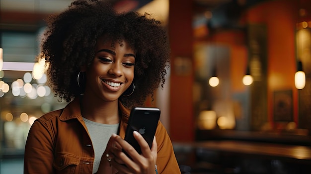Черная модная и современная женщина проверяет телефон в концептуальном стиле уличного кинематографического телевизионного ролика