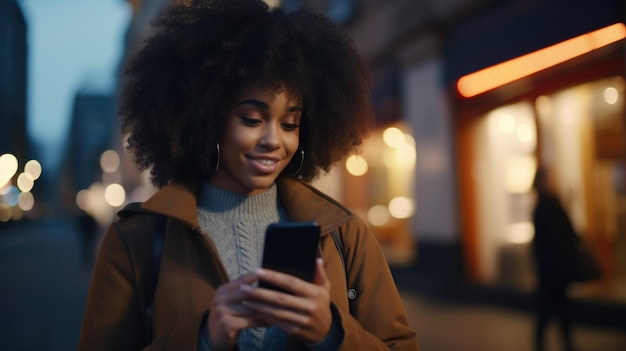 Черная модная и современная женщина проверяет телефон в концептуальном стиле уличного кинематографического телевизионного ролика