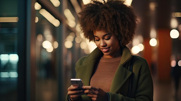 Black trendy and modern woman checking phone street cinematic tv spot concept style