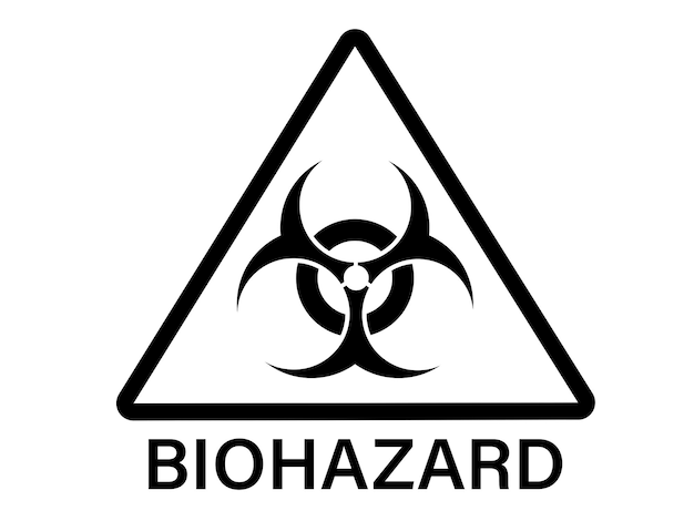 Black triangle biohazard warning sign isolated on a white background with text