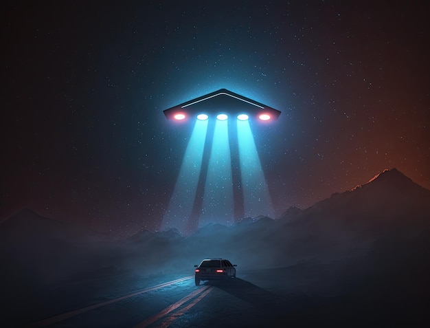 Black triangle UFO with neon lights above car on road unidentified flying object triangle shape